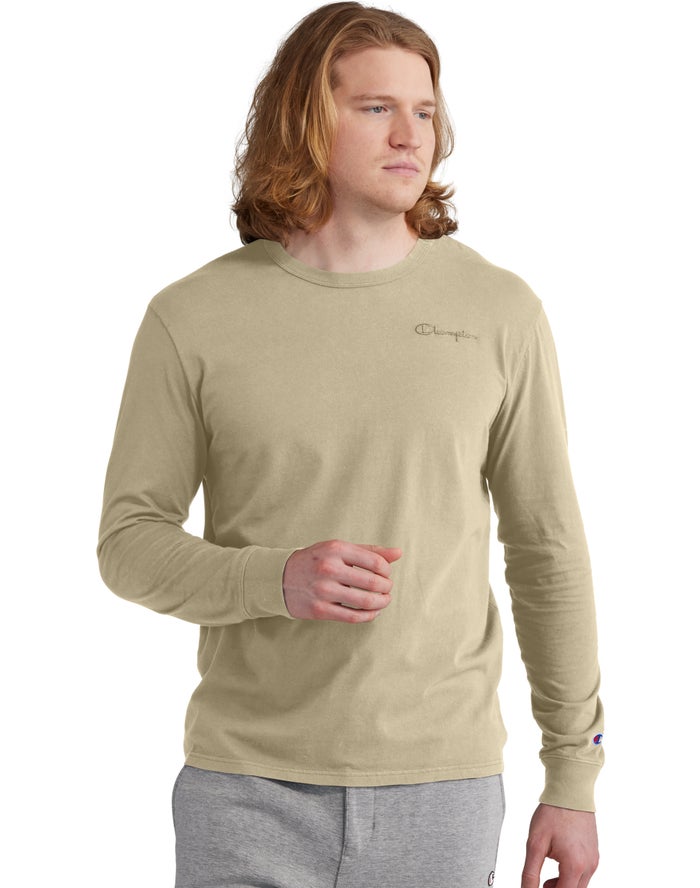 Champion Lightweight Long-Sleeve Embroidered Logo T-Shirt Heren - Khaki - Belgie 6374DUTMN